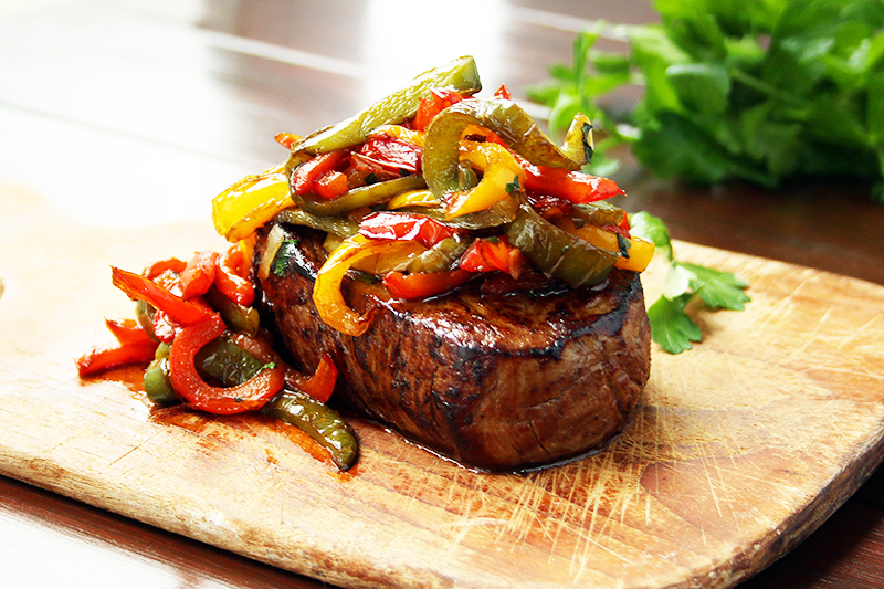 Steak with Caramelised Peppers
